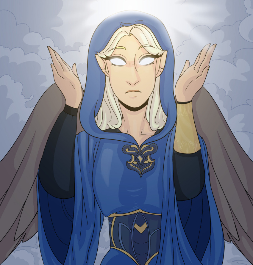 1girl, angel_wings, arms_up, black_shirt, blonde_hair, blue_corset, blue_dress, blue_hood, blue_robe, clouds, cloudy_sky, commentary, commission, corset, cowboy_shot, dress, english_commentary, facing_viewer, fantasy, feathered_wings, glowing, glowing_eyes, gold_bracer, grey_wings, highres, hood, hood_up, kasurequiem, long_dress, long_hair, meridia, no_pupils, open_hands, robe, shirt, sky, solo, the_elder_scrolls, white_eyes, wide_sleeves, wings