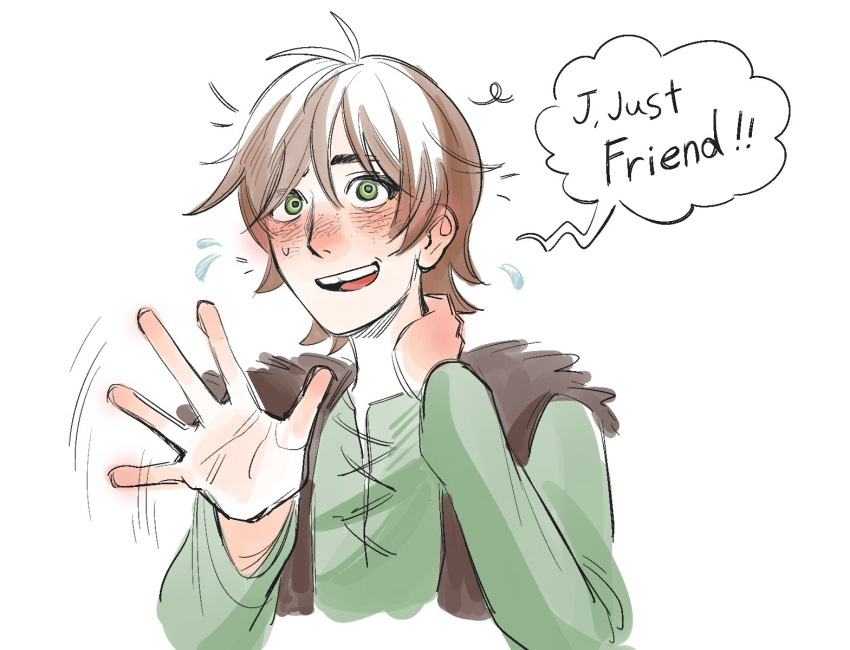 1boy, blush, brown_hair, brown_vest, english_text, fur_vest, green_eyes, green_shirt