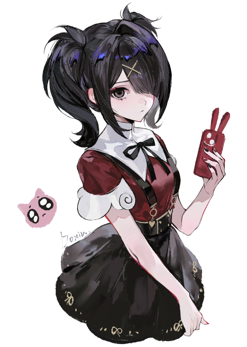 1girl, absurdres, ame-chan_(needy_girl_overdose), black_eyes, black_hair, black_nails, black_skirt, chayexuanhai, chinese_commentary, collared_shirt, commentary_request, cropped_legs, emoji, hair_ornament, hair_over_one_eye, heart, highres, holding, holding_phone, looking_at_viewer, multicolored_nails, neck_ribbon, needy_girl_overdose, phone, pien_cat_(needy_girl_overdose), pleading_face_emoji, puritan_collar, red_nails, red_shirt, ribbon, shirt, short_sleeves, sidelocks, skirt, solo, suspender_skirt, suspenders, twintails, x_hair_ornament