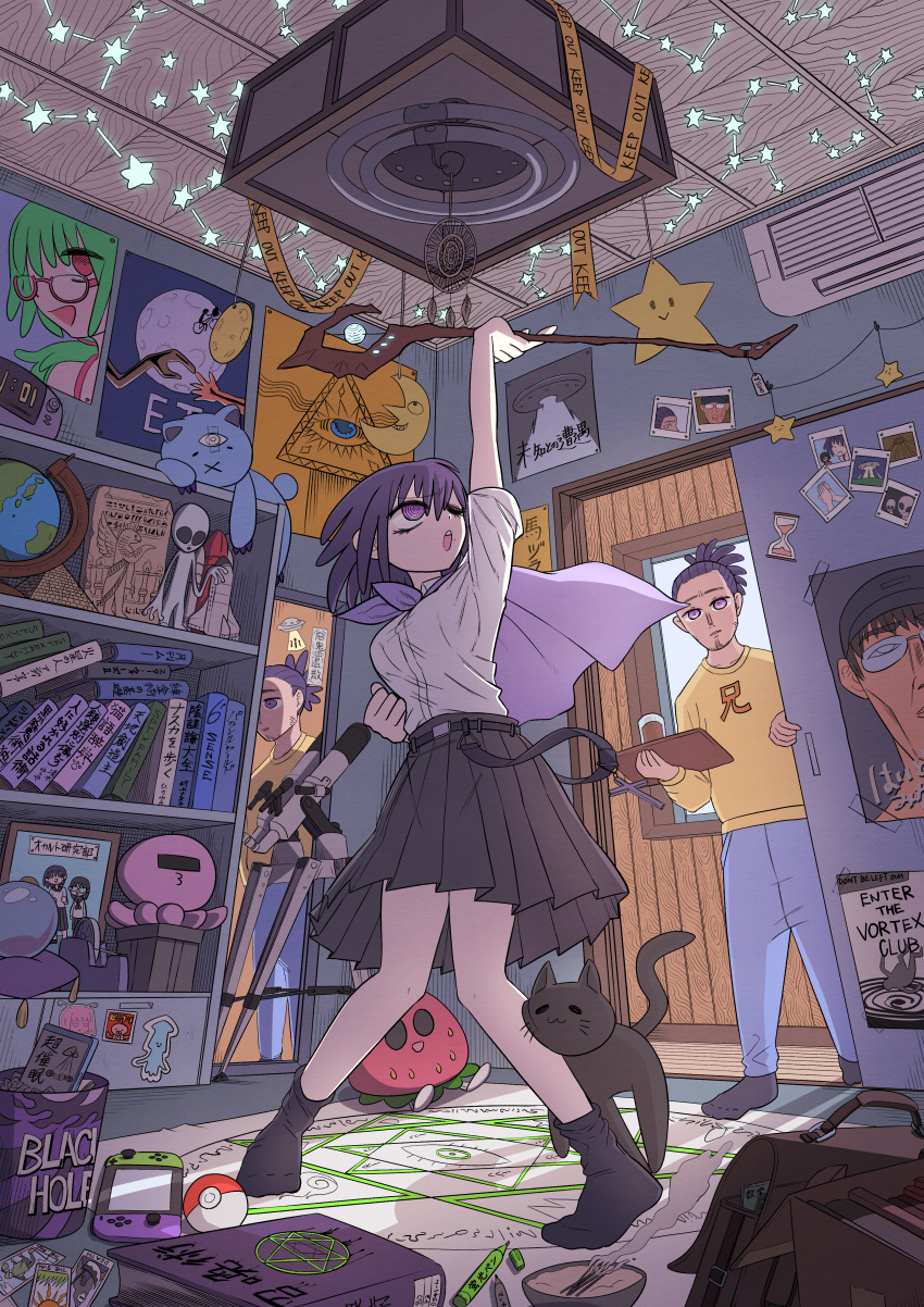 1boy, 1girl, absurdres, alien, arm_up, azito_(namidameman), bag, black_cat