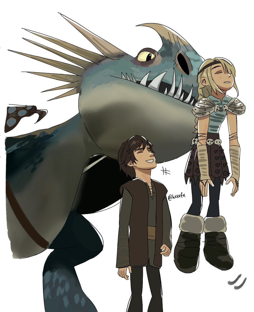 1boy, 1girl, armor, astrid_hofferson, blonde_hair, blue_eyes, blue_shirt, brown_hair, brown_skirt, brown_vest, circlet, closed_eyes, commentary, dragon, green_eyes, green_shirt, grin, hiccup_horrendous_haddock_iii, highres, horns, how_to_train_your_dragon_(series), how_to_train_your_dragon_1, hxxxfx, pauldrons, sharp_teeth, shirt, shoulder_armor, simple_background, skirt, smile, stormfly, teeth, vest, white_background