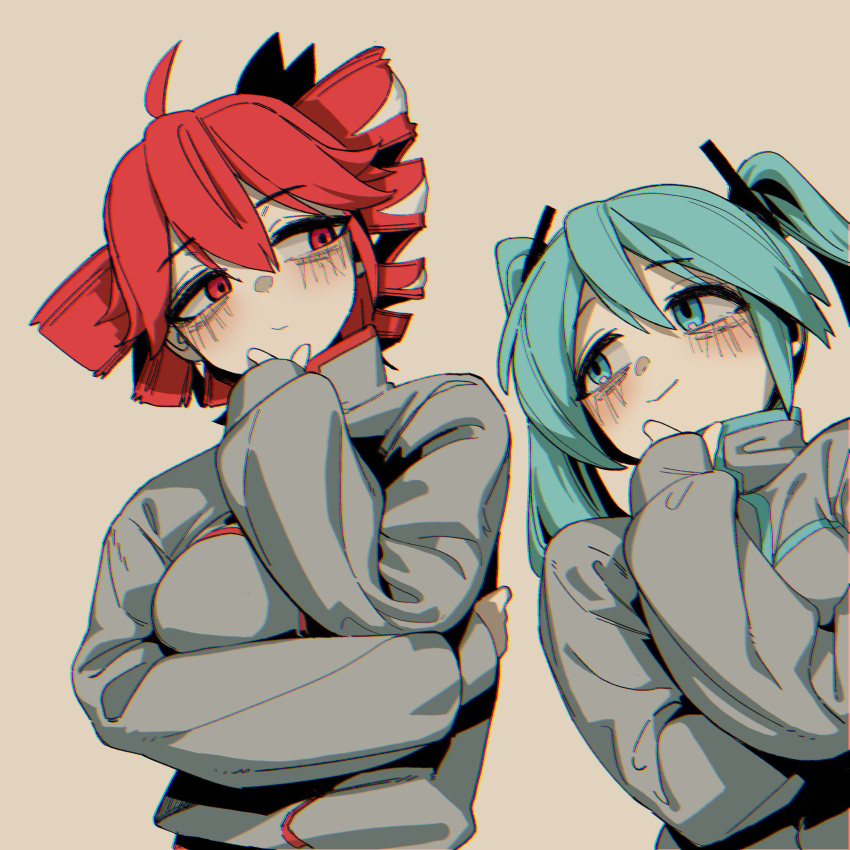 2girls, absurdres, aqua_eyes, aqua_hair, blush, brain_rot_(synthesizer_v), breasts, brown_background