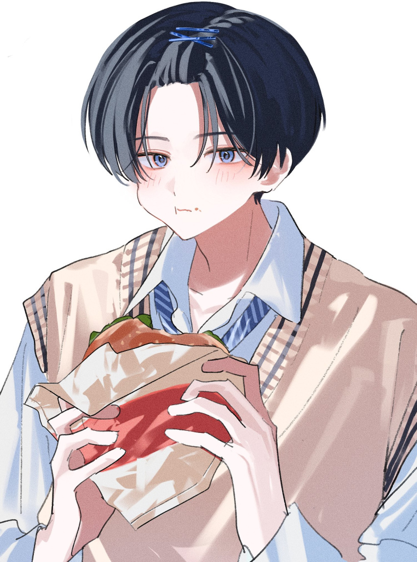 1boy, :t, bangs_pinned_back, black_hair, blue_eyes, blue_necktie, burger, cheek_bulge