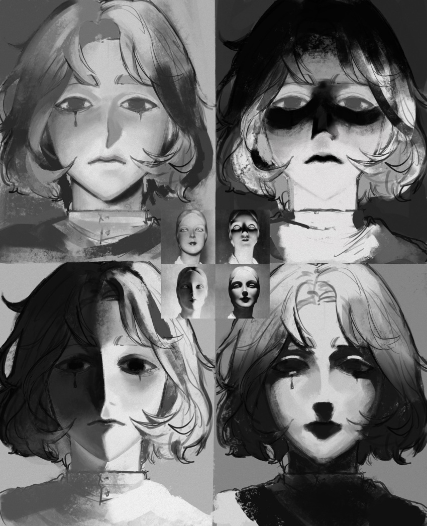 1girl, absurdres, closed_mouth, empty_eyes, expressionless, greyscale, highres, hollow_eyes