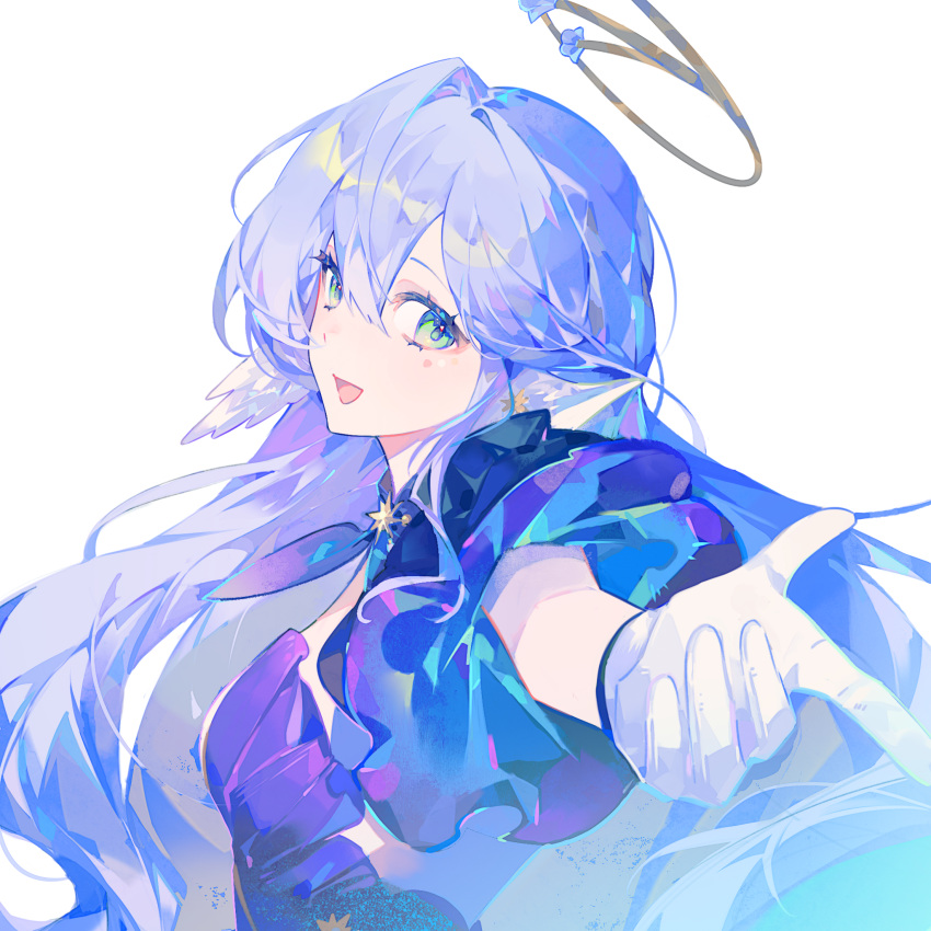 1girl, :d, blue_hair, chinese_commentary, commentary_request, facial_mark, gloves, green_eyes