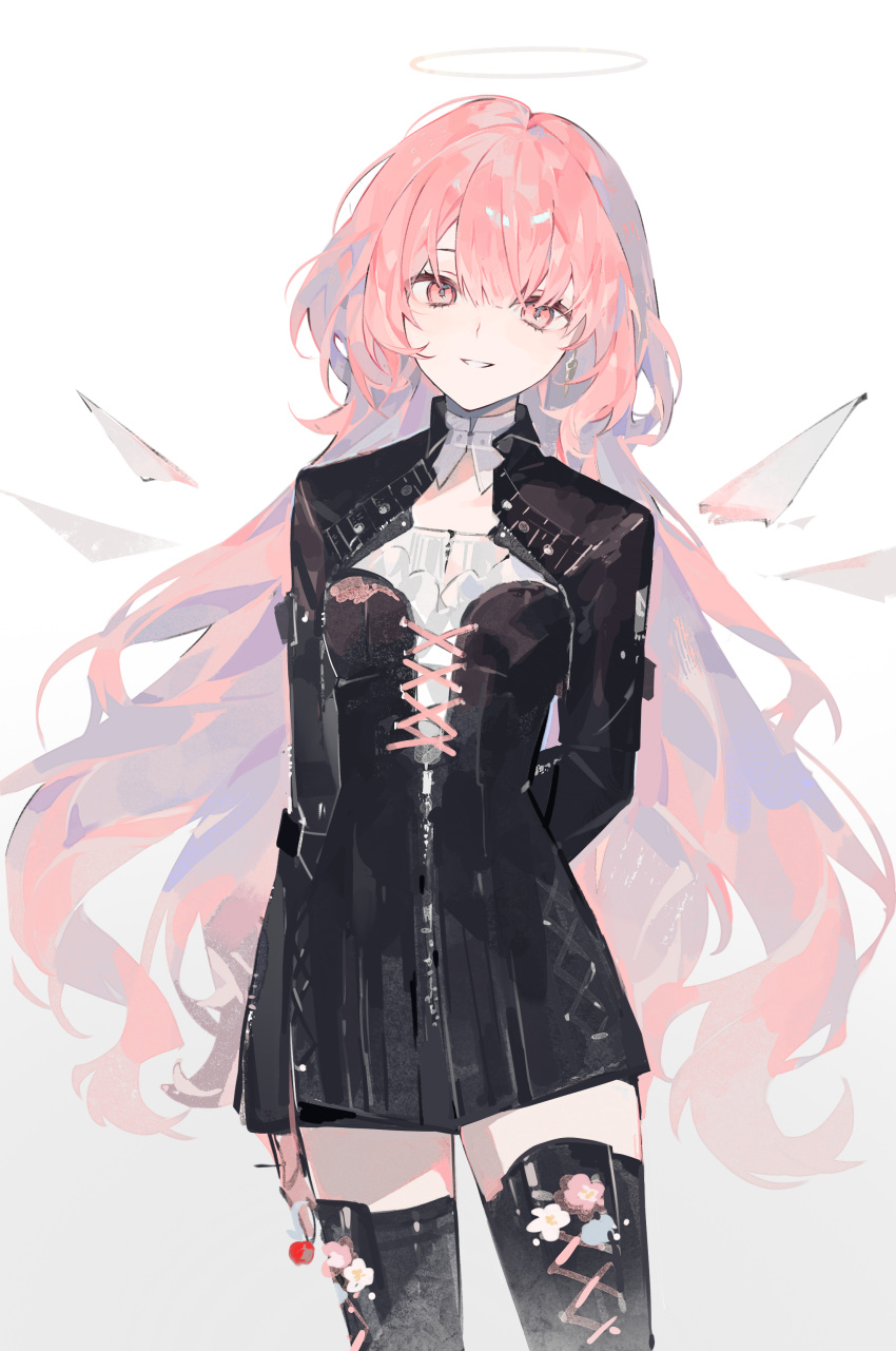 1girl, absurdres, arknights, arm_behind_back, black_boots, black_dress, black_jacket, boots
