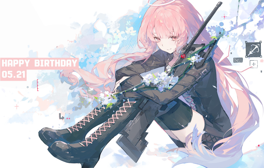 1girl, absurdres, arknights, black_boots, black_dress, boots, bouquet, chinese_commentary