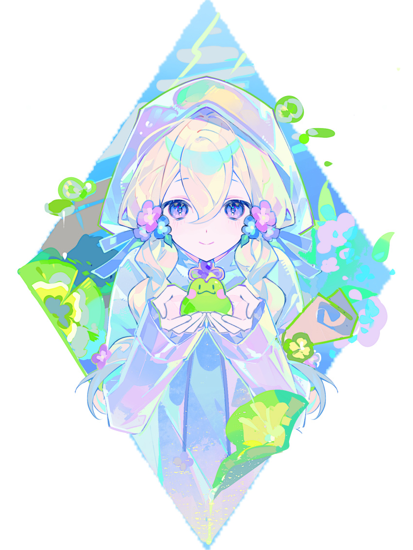 1girl, animal, blue_eyes, blue_flower, braid, caramel_choux_cookie, caramel_choux_cookie_(promenade_in_the_rain), closed_mouth