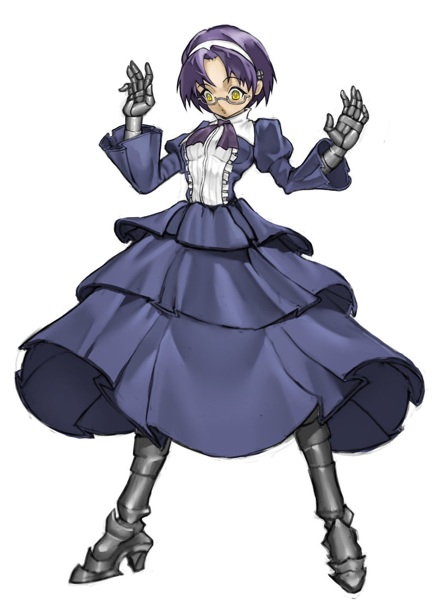 1girl, absurdres, aiko_(magipoka), android, apron, breasts, commentary, curtained_hair, doghunt14716979, dress, english_commentary, full_body, glasses, hairband, hands_up, highres, legs_apart, looking_down, maid, maid_apron, mechanical_arms, mechanical_legs, neck_ribbon, open_hands, painterly, parted_bangs, parted_lips, pince-nez, pleated_dress, puritan_collar, purple_dress, purple_hair, renkin_san-kyuu_magical_pokaan, ribbon, semi-rimless_eyewear, short_hair, simple_background, small_breasts, solo, standing, surprised, under-rim_eyewear, white_background, white_hairband, yellow_eyes
