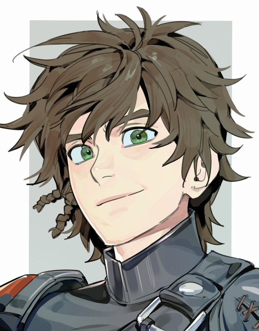 1boy, absurdres, beiyan109, brown_hair, commentary_request, green_eyes, grey_background, hiccup_horrendous_haddock_iii
