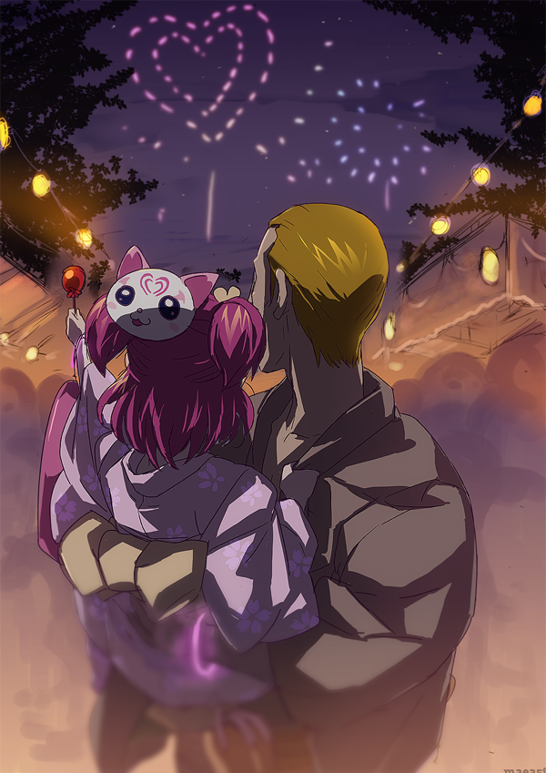 blonde_hair, bunbee, carrying, fireworks, from_behind, hair_ornament, height_difference, japanese_clothes