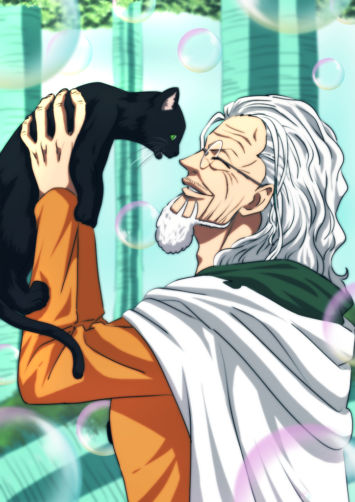 1boy, adam's_apple, animal, beard, black_cat, bubble, cape, cat