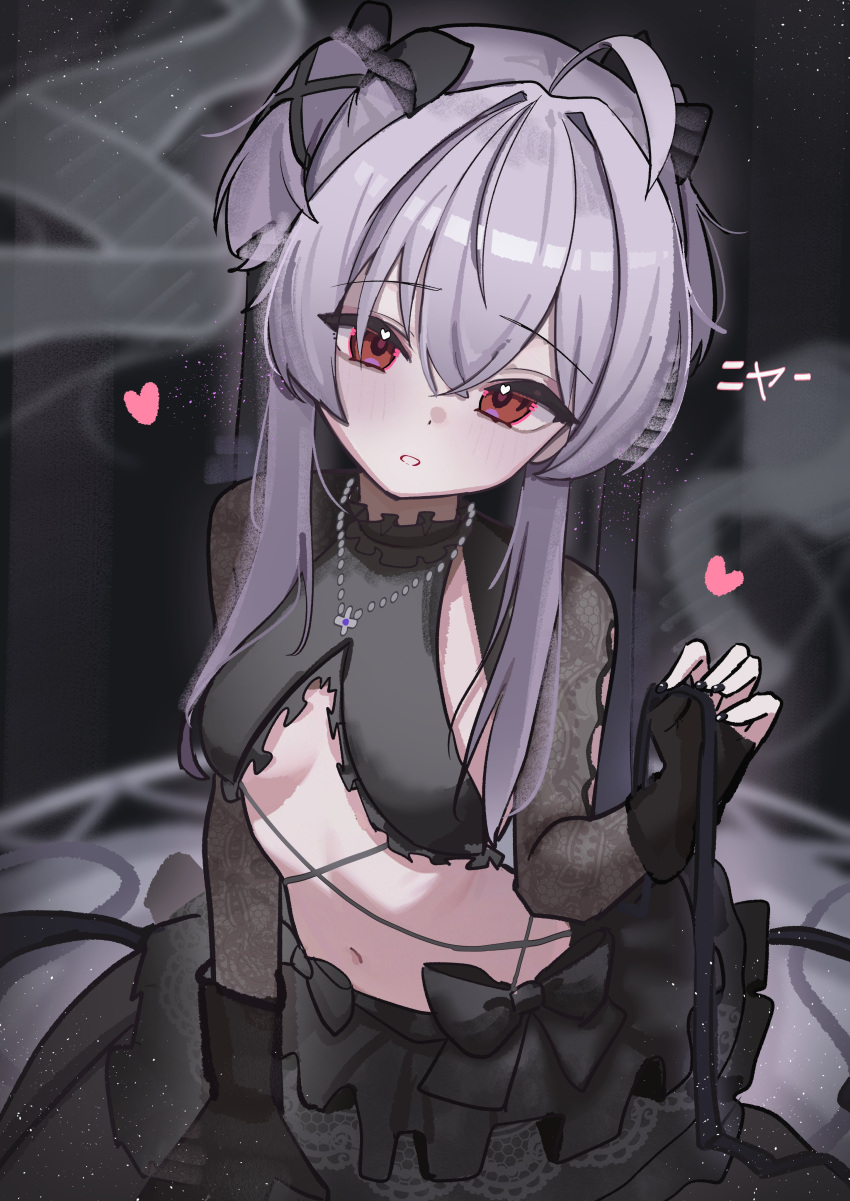 1girl, absurdres, ahoge, black_background, black_bow, black_dress, black_gloves, black_nails, black_skirt, blush, bow, breasts, dress, fingerless_gloves, gloves, goddess_of_victory:_nikke, hair_between_eyes, hair_bow, hand_up, heart, high_(hgih), highres, jewelry, liberalio_(dreaming_lake)_(nikke), liberalio_(nikke), long_sleeves, looking_at_viewer, nail_polish, navel, necklace, parted_lips, purple_hair, red_eyes, short_hair_with_long_locks, short_twintails, sitting, skirt, small_breasts, solo, twintails