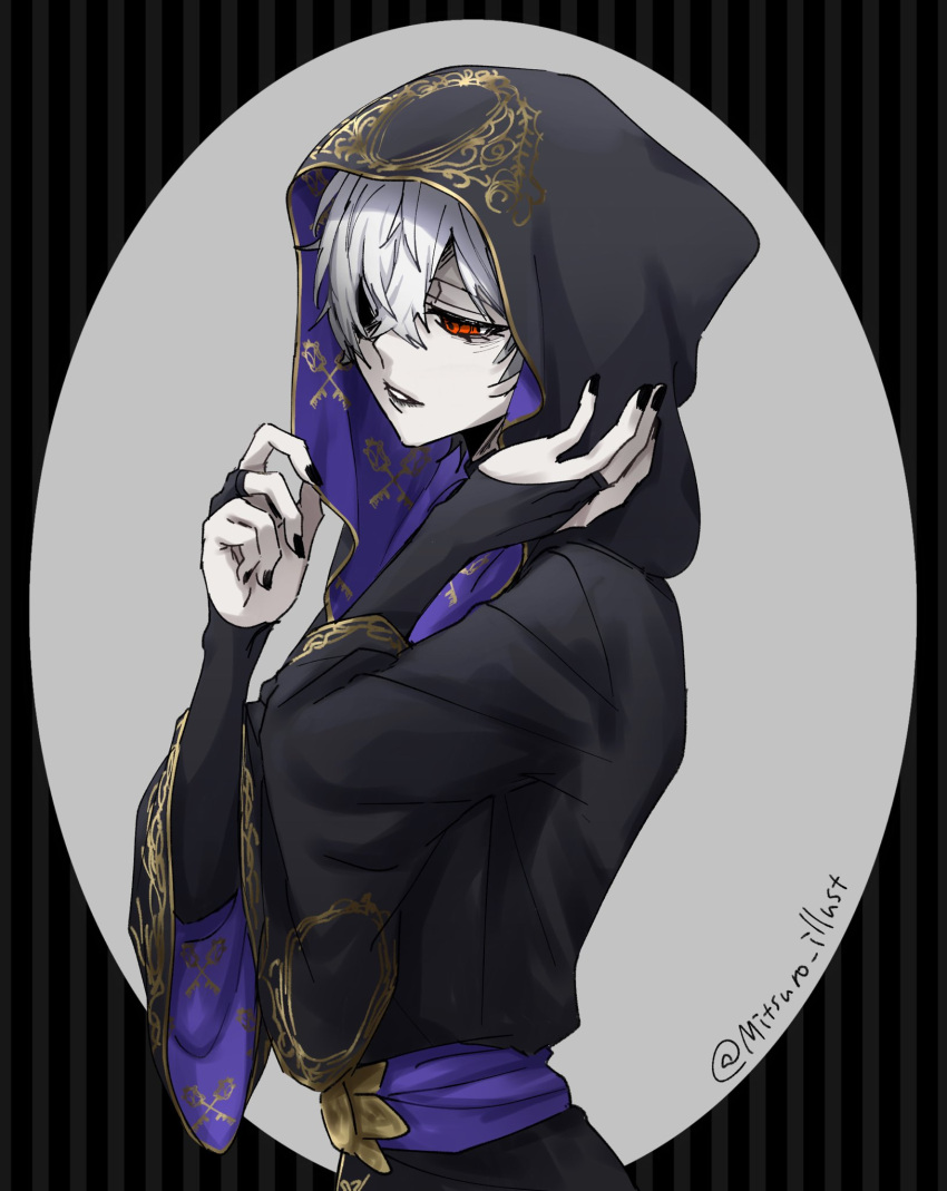 1boy, black_background, bridal_gauntlets, chapped_lips, commentary_request, hands_up, highres, hood