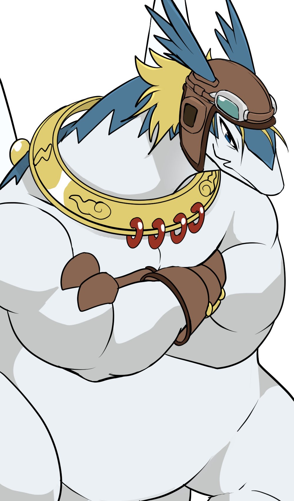1boy, 96_gatefield, aviator_cap, aviator_goggles, brown_gloves, crossed_arms, dragon_boy, dragon_wings