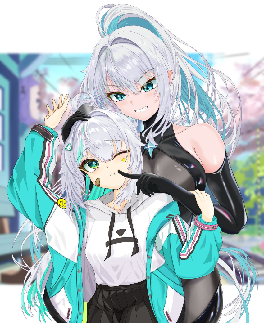 2girls, aqua_hair, aqua_jacket, aqua_streaks, bandaid, bandaid_on_cheek, bandaid_on_face, black_ark_ranger_(nikke), black_bodysuit, black_gloves, black_skirt, blue_eyes, blurry, blurry_background, bodysuit, commentary_request, elbow_gloves, epinel_(nikke), gloves, goddess_of_victory:_nikke, grin, high_ponytail, highres, hood, hood_down, hoodie, jacket, long_hair, looking_at_another, multicolored_hair, multicolored_jacket, multiple_girls, nerin_ekaki, one_eye_closed, pleated_skirt, ponytail, sidelocks, skirt, smile, standing, streaked_hair, two-tone_hair, white_hair
