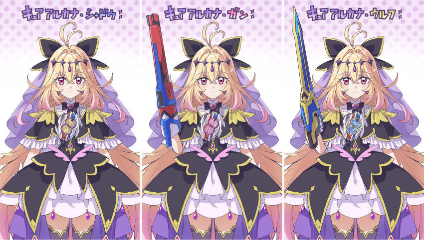 1girl, absurdres, ahoge, arm_blade, arm_cannon, black_bow, black_dress, black_thighhighs