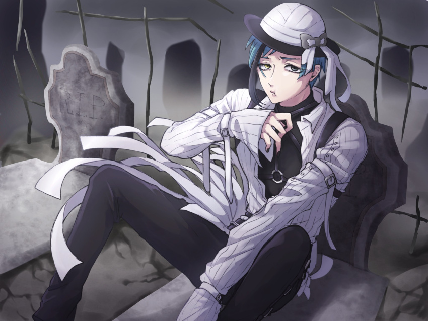 1boy, :t, black_eyes, blue_hair, coat, commentary_request, feet_out_of_frame, floyd_leech