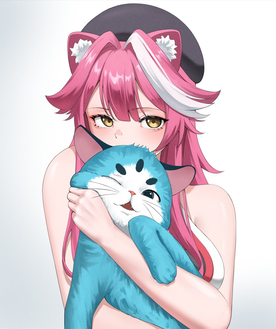 animal, animal_ears, beret, cat, hat, hazeillusts, holding, holding_animal