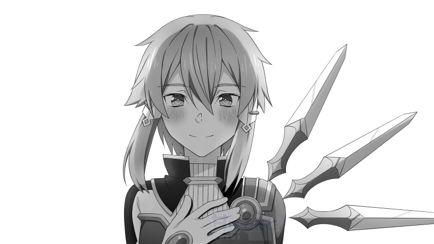 1girl, absurdres, amamisalt, armor, blade_wings, blush, breastplate, commentary_request, double-parted_bangs, gloves, greyscale, hair_between_eyes, hair_tubes, hand_on_own_chest, high_collar, highres, looking_at_viewer, medium_hair, monochrome, simple_background, single_wing, sinon, sinon_(solus), smile, solo, split_mouth, straight-on, sword_art_online, sword_art_online:_alicization, sword_art_online:_alicization_-_war_of_underworld, watermark, wings