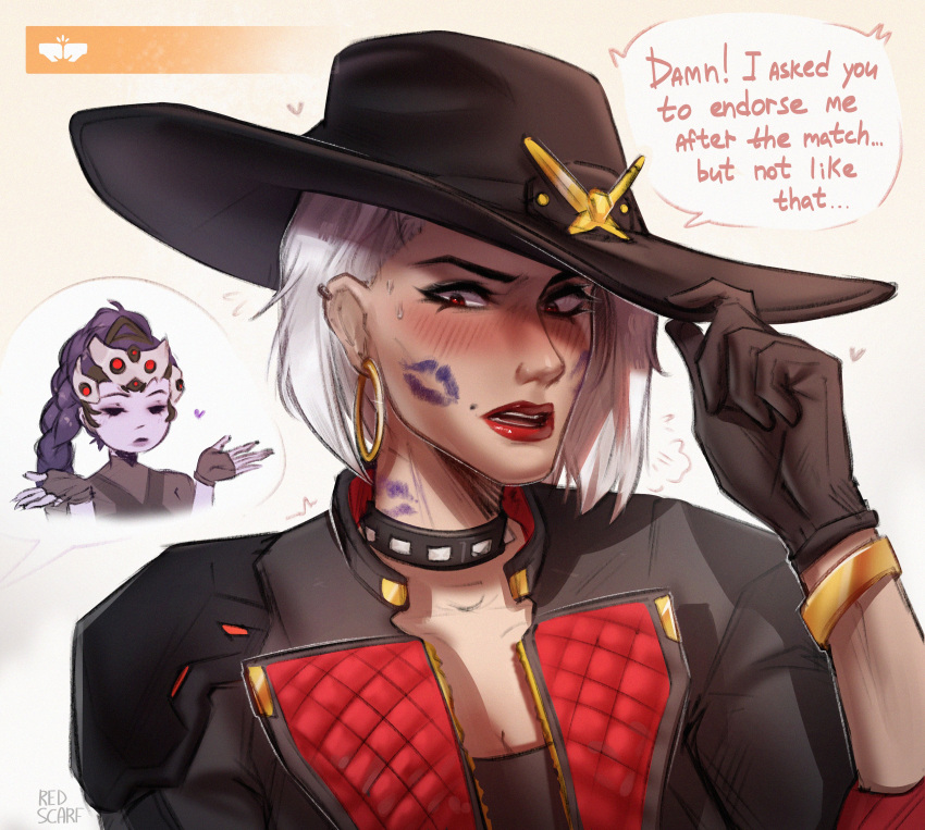 2girls, absurdres, after_kiss, artist_name, ashe_(overwatch), black_jacket, blush, bracelet, braid, choker, colored_skin, cowboy_hat, cowgirl_(western), earrings, embarrassed, fingerless_gloves, gloves, hat, highres, hoop_earrings, jacket, jewelry, lipstick, lipstick_mark, lipstick_mark_on_face, long_hair, makeup, mole, mole_above_mouth, multiple_girls, overwatch, purple_hair, purple_skin, red_eyes, red_lips, redscarfabs, short_hair, shrugging, single_braid, speech_bubble, white_hair, widowmaker_(overwatch), yuri