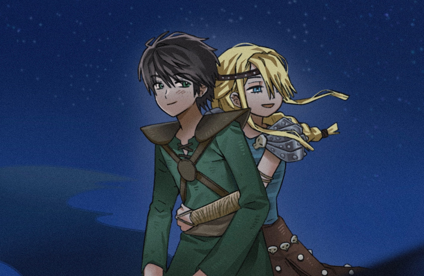 1boy, 1girl, armor, astrid_hofferson, blonde_hair, blue_eyes, brown_hair, brown_skirt, circlet, commentary, green_eyes, green_shirt, hiccup_horrendous_haddock_iii, highres, how_to_train_your_dragon_(series), how_to_train_your_dragon_1, hug, hug_from_behind, long_hair, looking_to_the_side, night, open_mouth, outdoors, pauldrons, shirt, short_hair, shoulder_armor, skirt, ujuin456457