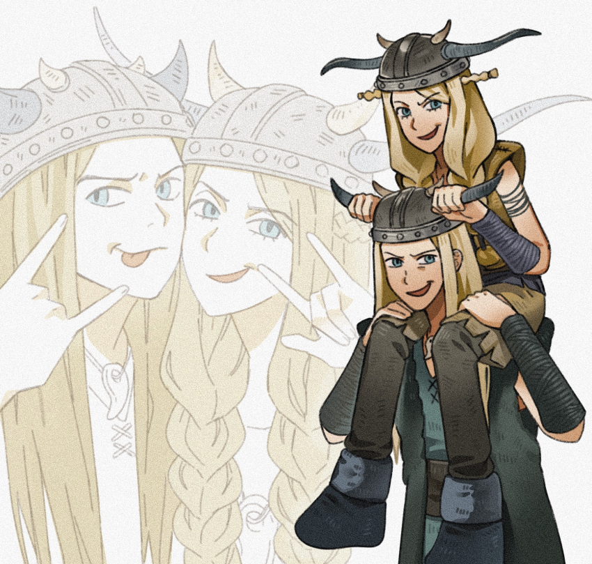 1boy, 1girl, blonde_hair, blue_eyes, brother_and_sister, carrying, commentary_request, fake_horns