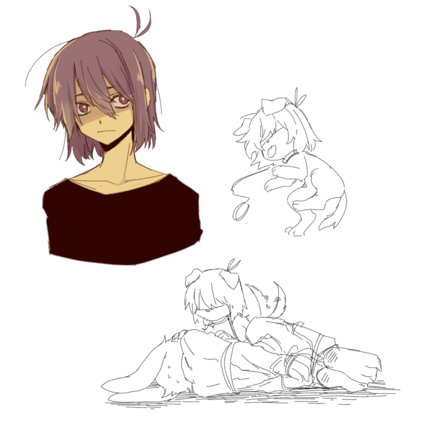 1boy, 1other, adoptive_siblings, androgynous, animal_ears, asriel_dreemurr, bound, commentary_request