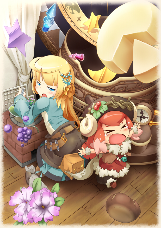 >_<, blonde_hair, cheese, crombaster, erlenmeyer_flask, flask, flat_gaze, flower
