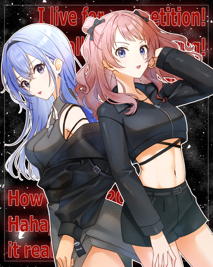 2girls, :o, ayn_(ayn_kau), black_bow, black_jacket, black_shorts, blue_hair, bow