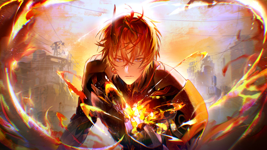 1boy, blonde_hair, building, closed_mouth, commentary, crossed_bangs, fire, fsuusux, hair_between_eyes, hand_up, highres, horns, kamui:_aeternion_(pgr), kamui_(pgr), looking_at_viewer, male_focus, mechabare, mechanical_arms, orange_eyes, outdoors, punishing:_gray_raven, short_hair, single_horn, solo, upper_body