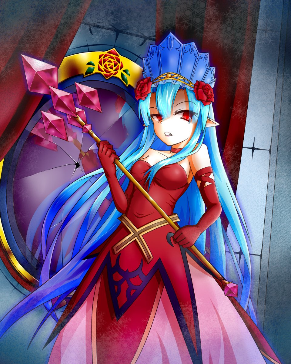 1girl, bare_shoulders, blue_hair, blue_hat, breasts, broken_mirror, choker, clenched_teeth, commentary_request, cosplay, crystal_alma, dress, ecoss_kokuten, elbow_gloves, emil_chronicle_online, empty_eyes, flower, frustrated, gloves, hair_flower, hair_ornament, hat, highres, holding, holding_staff, indoors, long_hair, medium_breasts, mirror, pointy_ears, red_choker, red_dress, red_eyes, red_flower, red_gloves, red_rose, renet_(eco), renet_(eco)_(cosplay), rose, solo, staff, strapless, strapless_dress, teeth, very_long_hair