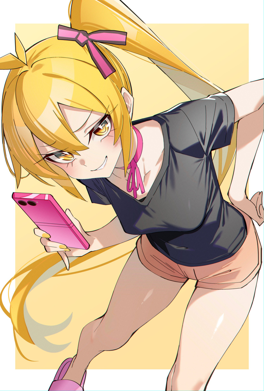 1girl, absurdres, ahoge, akita_neru, bine_kun, black_shirt, blonde_hair, breasts, bright_pupils, brown_shorts, cellphone, choker, collarbone, commentary, double-parted_bangs, fingernails, flop_era_(vocaloid), grin, hair_between_eyes, hair_ribbon, hand_on_own_hip, highres, holding, holding_phone, long_hair, looking_at_viewer, nail_polish, phone, pink_ribbon, pink_slippers, ribbon, ribbon_choker, sandals, shirt, short_sleeves, shorts, side_ponytail, slippers, smartphone, smile, solo, very_long_hair, vocaloid, white_pupils, yellow_eyes, yellow_nails