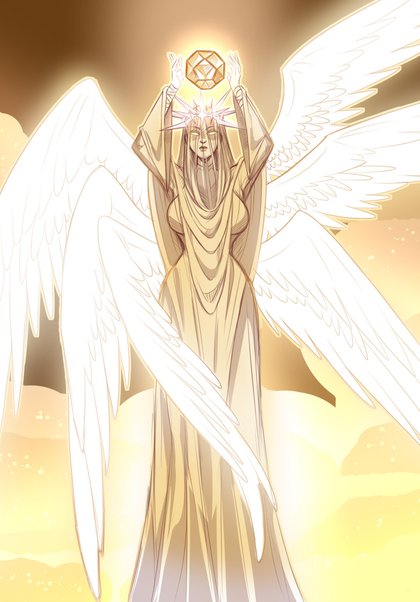 1girl, angel_wings, commentary, crown, crystal, dress, english_commentary, facing_viewer