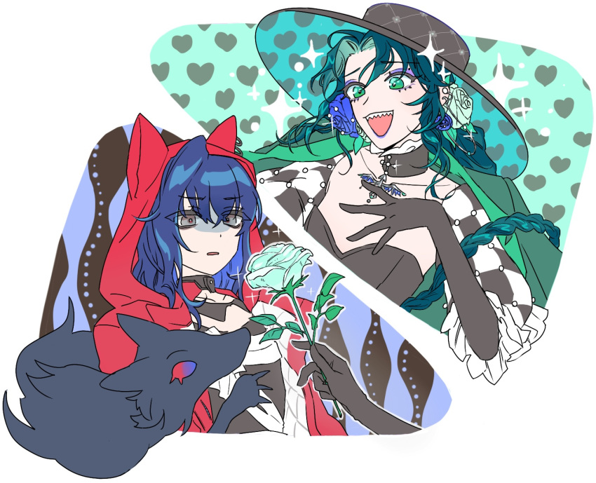 2girls, animal_hood, aqua_flower, aqua_rose, black_choker, black_collar, black_dress, black_eyes