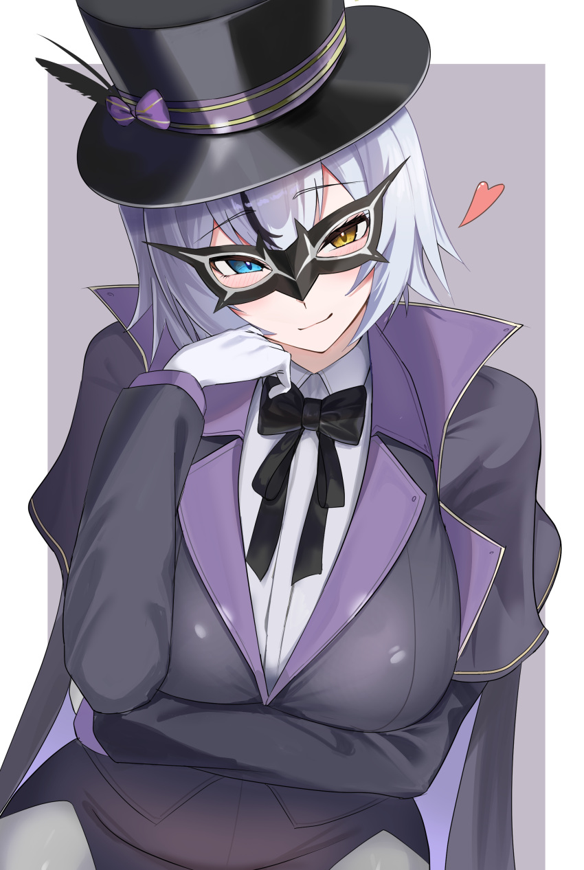 1girl, absurdres, arm_under_breasts, black_bow, black_bowtie, black_hair, black_hat, black_jacket, black_skirt, blue_eyes, blush, border, bow, bowtie, breasts, closed_mouth, collared_shirt, commentary, cowboy_shot, eye_mask, gloves, goddess_of_victory:_nikke, grey_hair, hair_between_eyes, hat, heart, heterochromia, highres, jacket, kopepan_(kopepann11), large_breasts, long_hair, long_sleeves, looking_at_viewer, mask, miniskirt, multicolored_hair, pantyhose, phantom_(nikke), shirt, sidelocks, skirt, smile, solo, standing, streaked_hair, top_hat, white_border, white_gloves, white_pantyhose, white_shirt, yellow_eyes