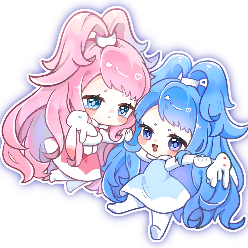 2girls, :<, :d, absurdres, black_hair, blue_dress, blue_eyes, blue_hair, blush, blush_stickers, chibi, chinese_commentary, closed_mouth, commentary_request, daer_maodou_(roco_kingdom:_world), dress, full_body, gloves, heart, highres, holding, holding_hands, holding_stuffed_toy, long_hair, mibo, multiple_girls, open_mouth, pantyhose, pink_hair, rabbit, siblings, simple_background, sisters, smile, stuffed_animal, stuffed_rabbit, stuffed_toy, symbol-shaped_pupils, twins, very_long_hair, white_background, xueying_wawa_(roco_kingdom:_world)