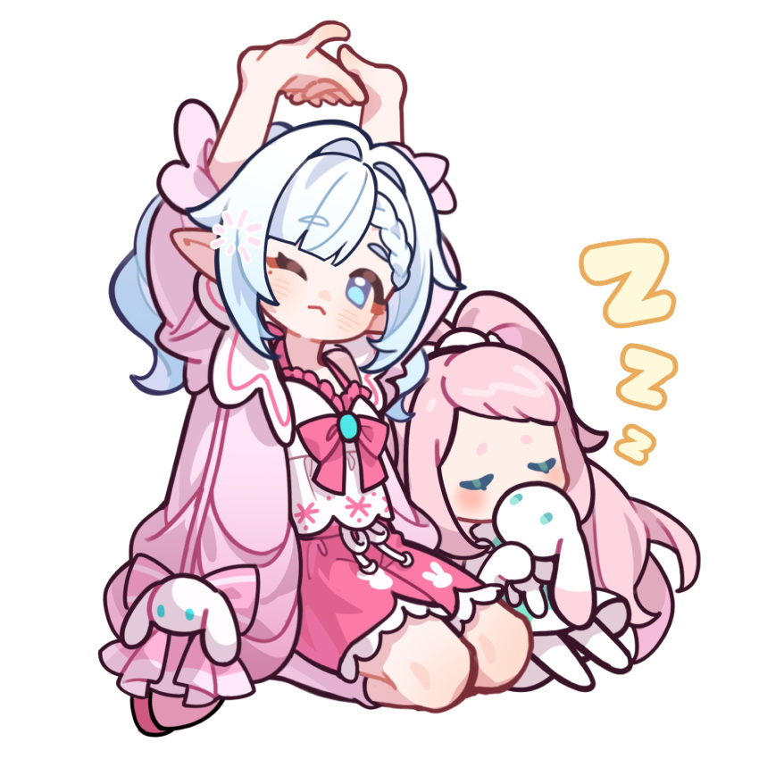2girls, blue_eyes, blue_hair, blush, bow, braid, braided_bangs, chibi, child, chinese_commentary, closed_eyes, closed_mouth, commentary_request, daer_maodou_(roco_kingdom:_world), dress, frills, full_body, highres, long_hair, long_sleeves, looking_at_viewer, multiple_girls, one_eye_closed, pink_bow, pink_hair, pointy_ears, roco_kingdom:_world, simple_background, sitting, skirt, sleeping, socks, stretching, stuffed_animal, stuffed_rabbit, stuffed_toy, tansuan_qie, twintails, white_background, white_hair, xueying_wawa_(roco_kingdom:_world), zzz