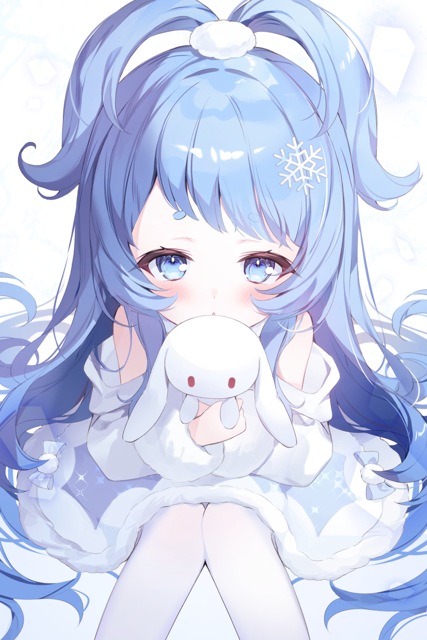 1girl, 6kun_qingcai, absurdres, bare_shoulders, black_hair, blue_eyes, blue_hair, blush