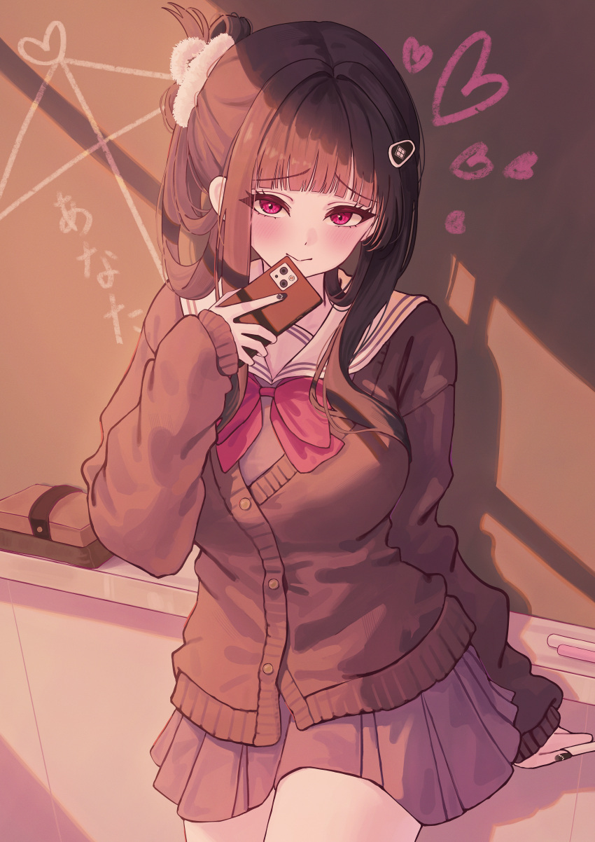 absurdres, blunt_bangs, blush, bow, brown_cardigan, brown_hair, cardigan, commentary