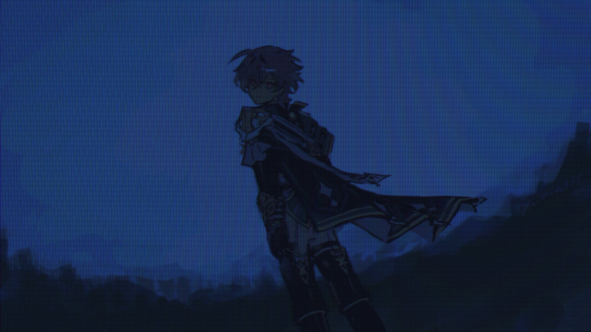 1boy, ahoge, armor, belt, belt_collar, black_belt, black_boots, black_gloves, blue_background, blue_hair, blue_shirt, boots, choker, coat, collar, collared_shirt, earrings, film_grain, genshin_impact, gloves, hair_between_eyes, highres, jewelry, lohen_(genshin_impact), long_sleeves, looking_at_viewer, looking_back, male_focus, mole, mole_under_eye, multicolored_eyes, pants, qy_rialis, scanlines, serious, shirt, shoulder_armor, solo, thigh_strap, white_pants