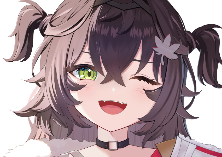 1girl, :d, black_choker, black_hair, choker, commentary_request, fangs, green_eyes