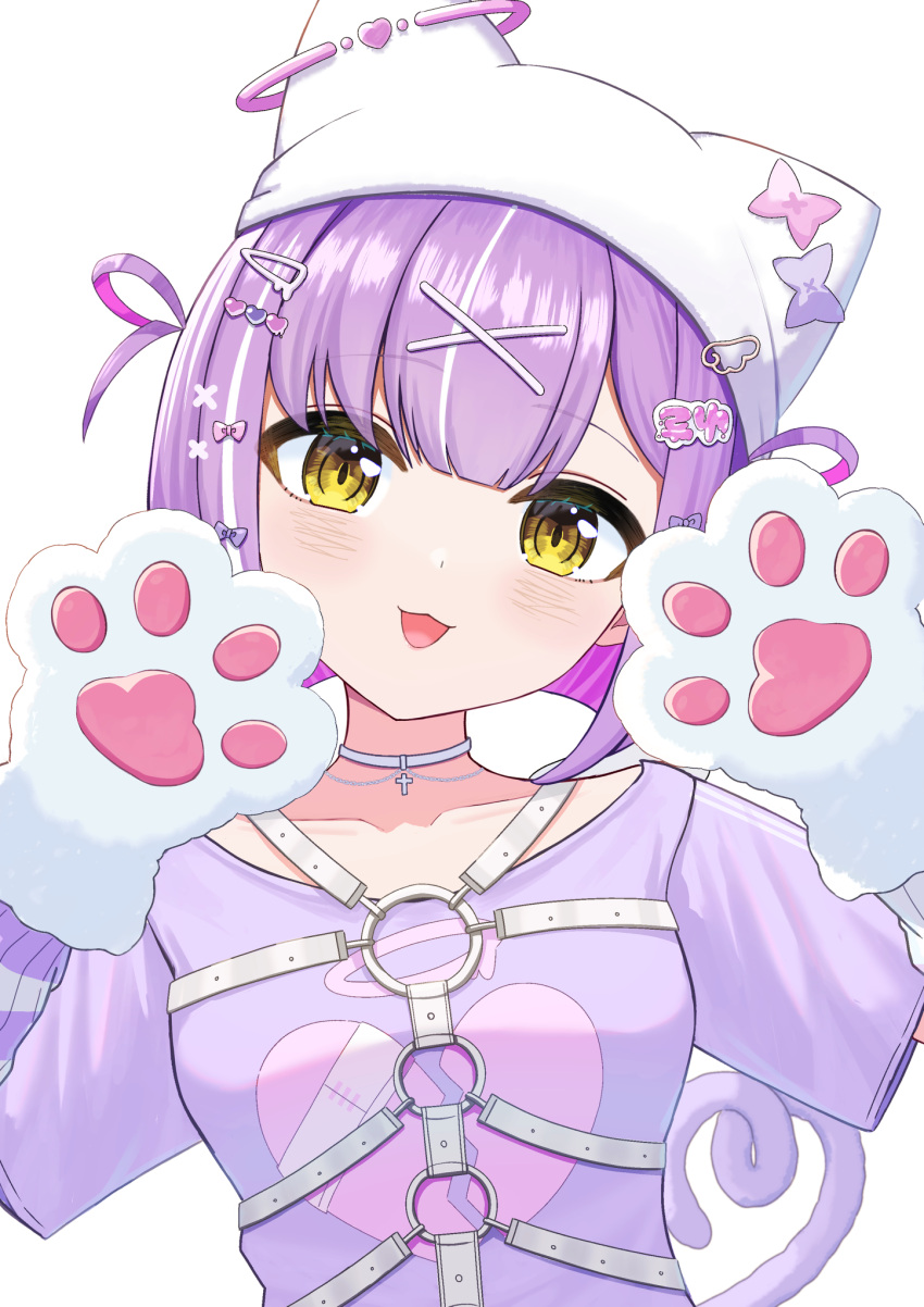 1girl, :3, animal_hands, animal_hat, beanie, cat_hat, cat_tail, choker