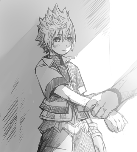 2boys, arm_up, commentary, english_commentary, frown, holding_another's_wrist, jacket, kingdom_hearts