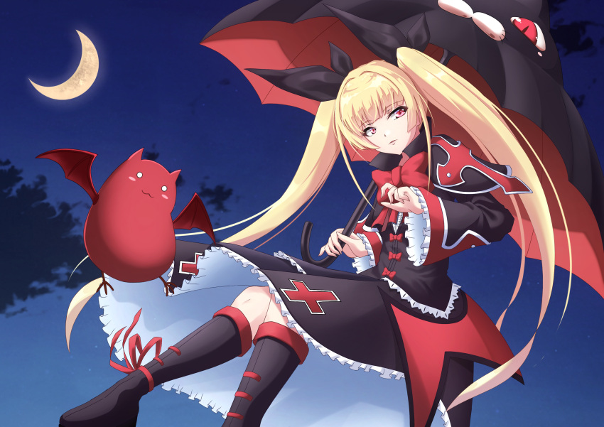 1girl, absurdres, animal, bat_(animal), black_boots, black_dress, black_ribbon, black_umbrella
