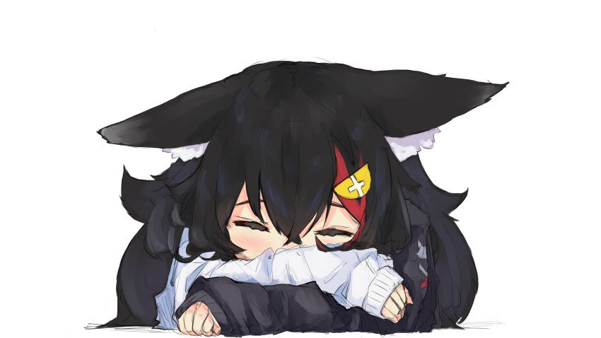 1girl, absurdres, animal_ear_fluff, animal_ears, black_hair, closed_eyes, commentary_request, crossed_bangs