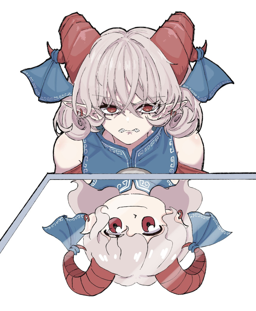 1girl, angry, blue_dress, closed_mouth, commentary, curly_hair, different_reflection, dress