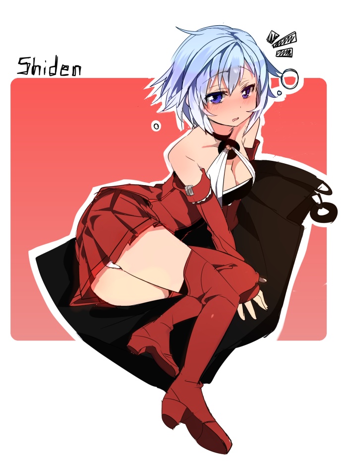 blue_eyes, blue_hair, blush, boots, breasts, cleavage, detached_sleeves, drunk