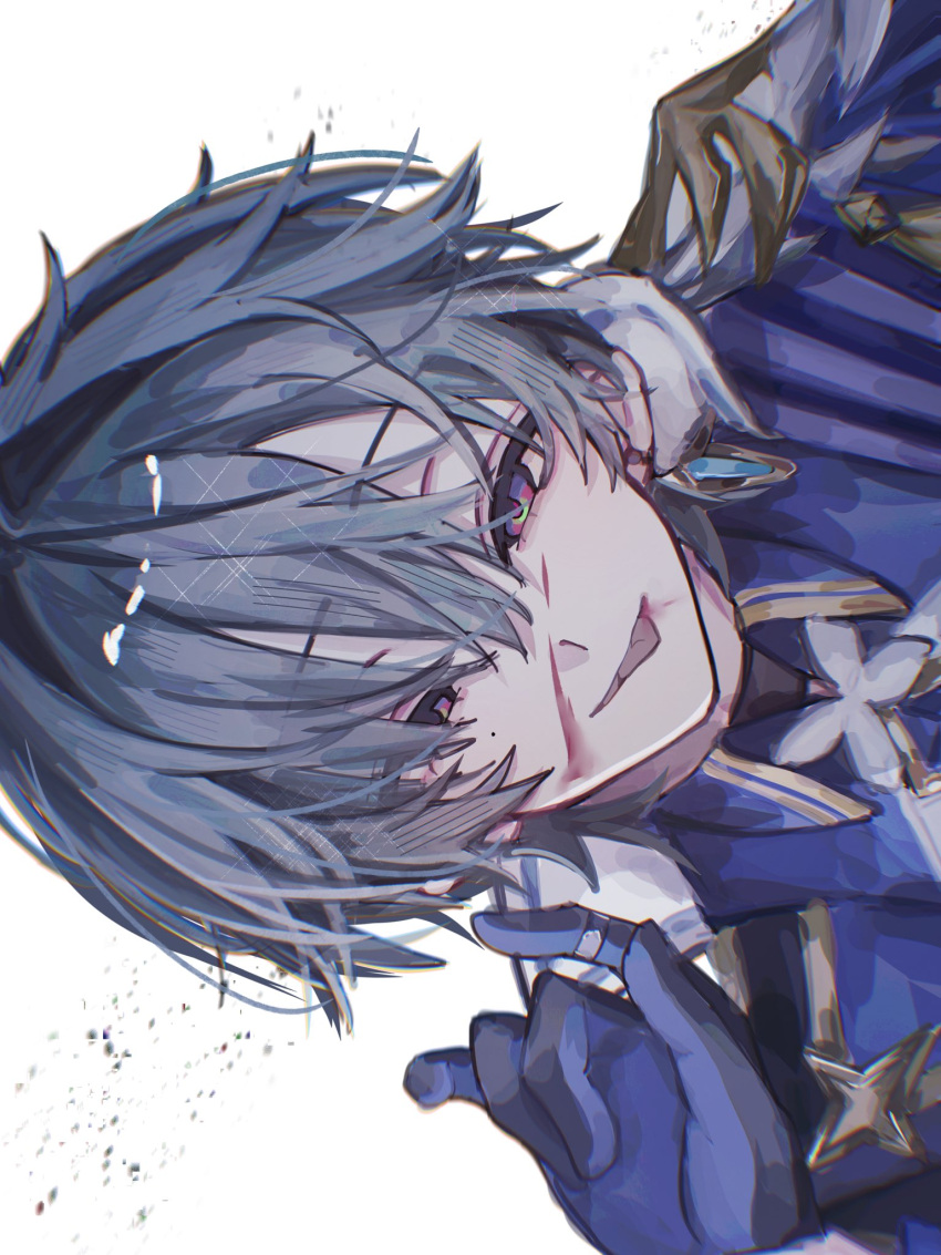 1boy, ahoge, armor, belt, belt_collar, black_belt, black_gloves, blood, blood_on_face, blue_hair, blue_shirt, choker, coat, collar, collared_shirt, commentary, earrings, finger_to_face, genshin_impact, gloves, hair_between_eyes, half-closed_eyes, highres, injury, jewelry, kasou_0v0, lohen_(genshin_impact), long_sleeves, looking_at_viewer, male_focus, mole, mole_under_eye, multicolored_eyes, painterly, parted_lips, rotated, shirt, short_hair, shoulder_armor, smile, solo_focus, tongue, tongue_out, white_background