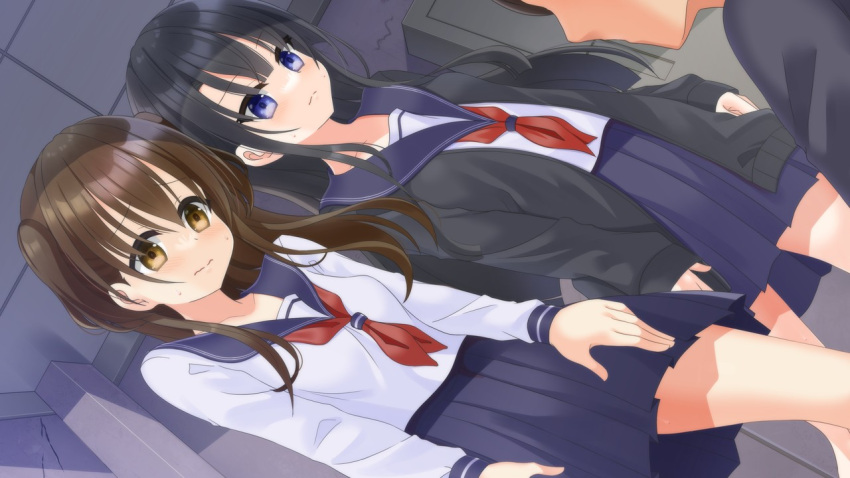 1boy, 2girls, asymmetrical_bangs, black_hair, blue_eyes, blue_sailor_collar, blue_skirt, blunt_bangs